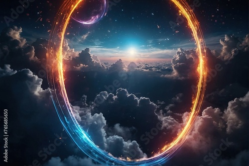 neon circles in dramatic cloudy sky data transfer futuristic fast internet concept 