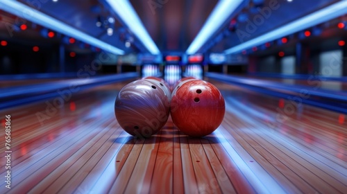 Bowling balls and pins at the end of a lane photo