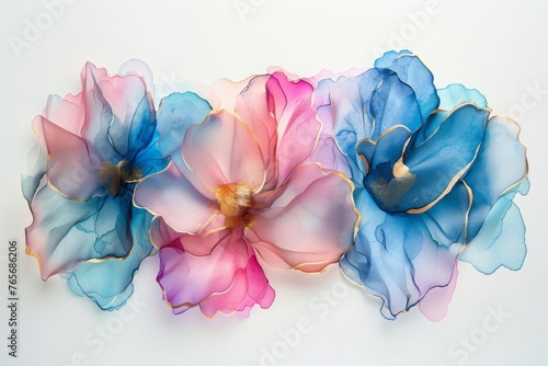 Three blue and pink flowers on white background. Alcohol ink painting. Modern liquid art. Watercolor flower