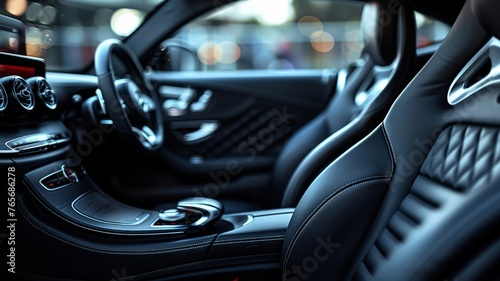 Sleek design of a car's luxurious black leather interior photo