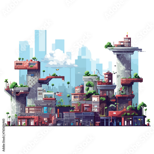 Pixelated urban videogame flat vector illustration