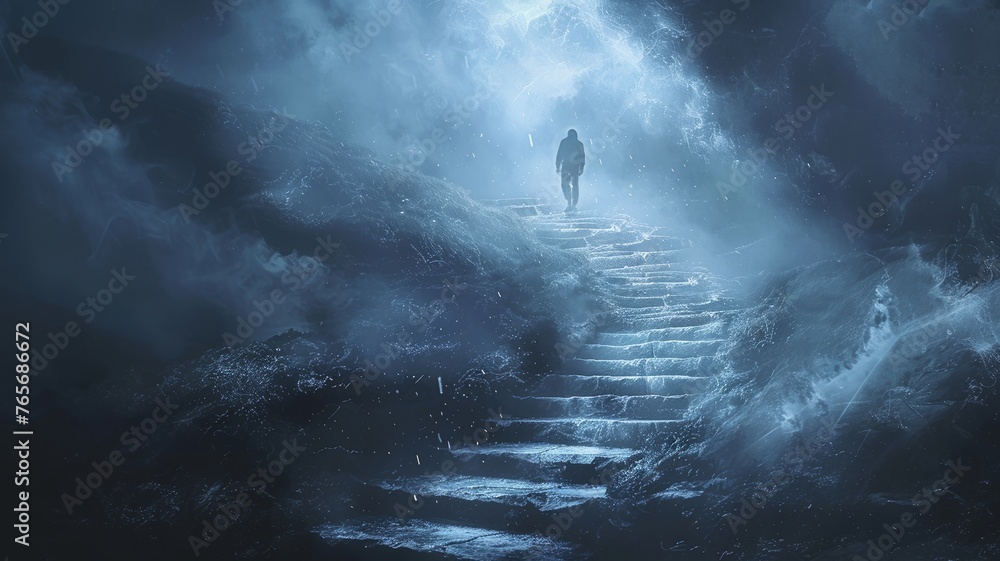 Climber embarks on visionary steps drawn in chalk Climber embarks on visionary steps drawn in chalk