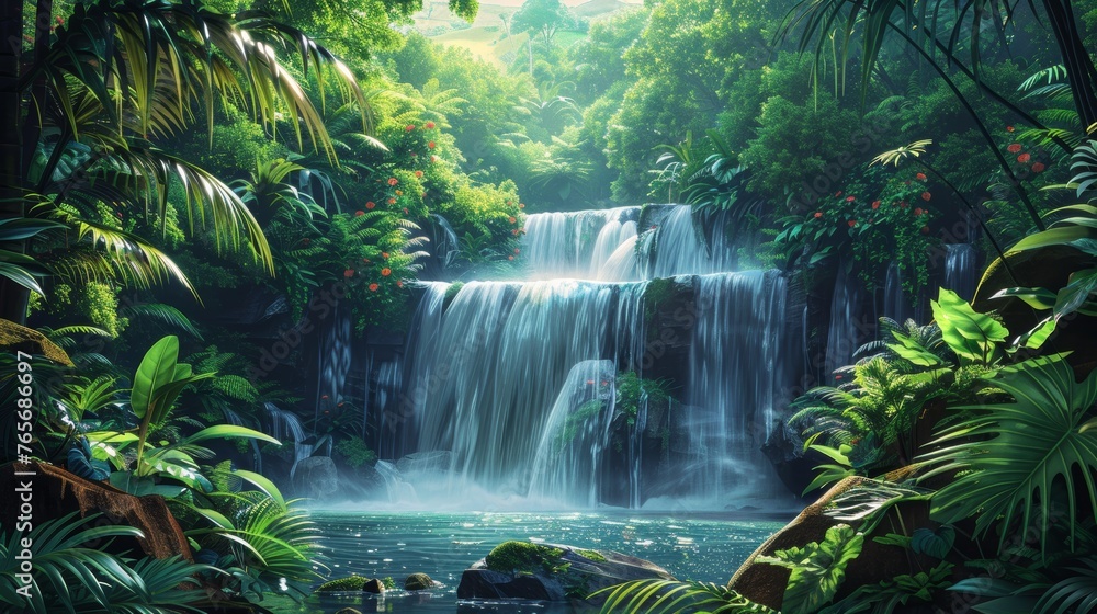 A lush green jungle with a waterfall in the foreground. The waterfall is surrounded by trees and plants, creating a serene and peaceful atmosphere. Concept of tranquility and natural beauty