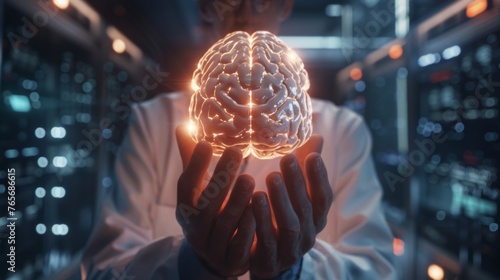 Doctor is holding a hologram of a brain in their hands
