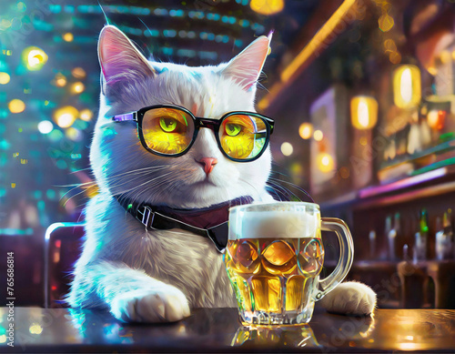 Um gato branco, humanizado, usando óculos, com uma caneca de chope na mesa de um pub muito iluminado.