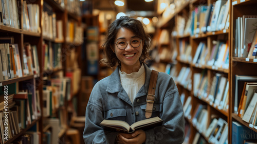 Inviting Woman at Bookstore with a Warm Smile Amongst Shelves of Books
