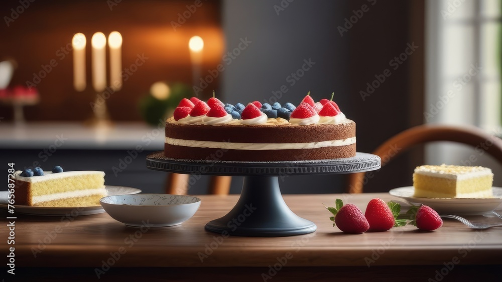 Chocolate cake with cream and fresh berries on a wooden table. generative ai