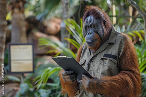 humanoid orangutan head man, wearing a zookeeper uniform, holding a clipboard near zoo exhibit signs, digital art photo