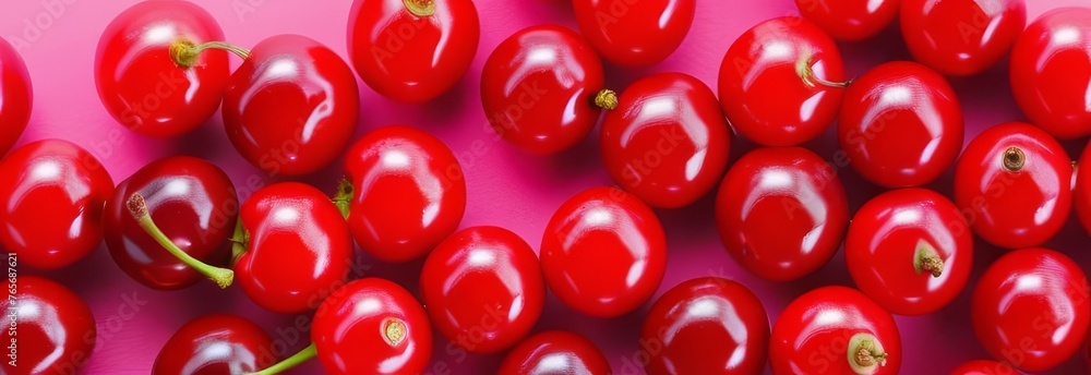 Cherries on a pink background, close-up, macro. Banner. generative ai Cherries on a pink background, close-up, macro. Banner. generative ai