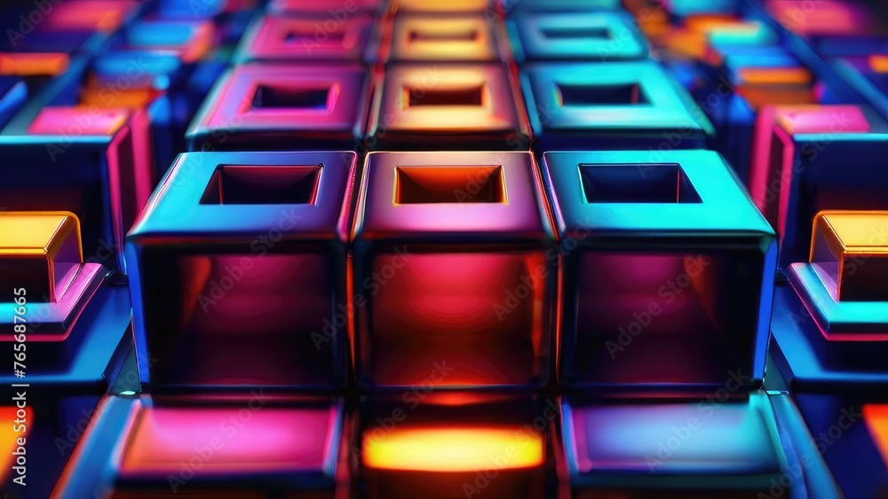 Obraz premium Dark squares and neon light glow abstract background. Realistic wall of cubes. black square pattern background grunge surface. Black color abstract modern luxury square 3d background. Geometric shape.