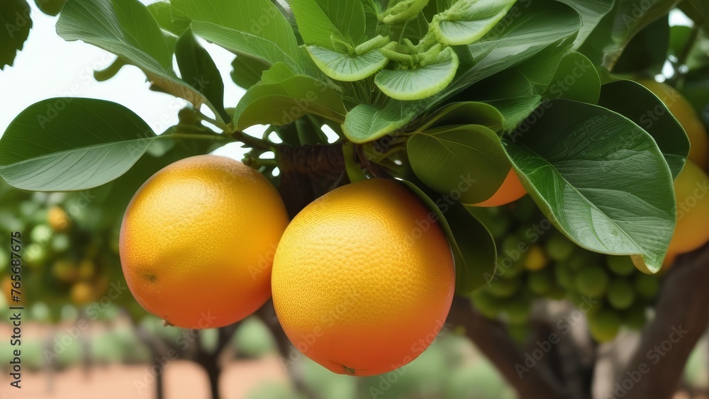 Orange tree with ripe fruits in garden, closeup of photo. generative ai