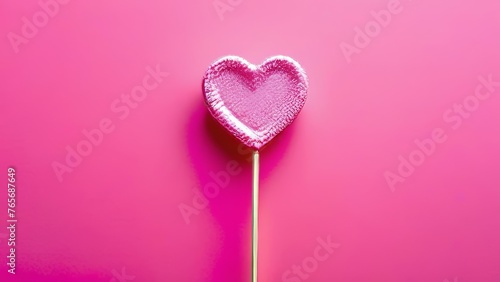 Heart shaped lollipop on a pink background. Top view. generative ai