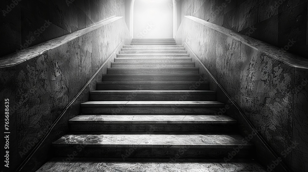 Stepping up an imagined staircase to success in grayscale - obrazy, fototapety, plakaty 