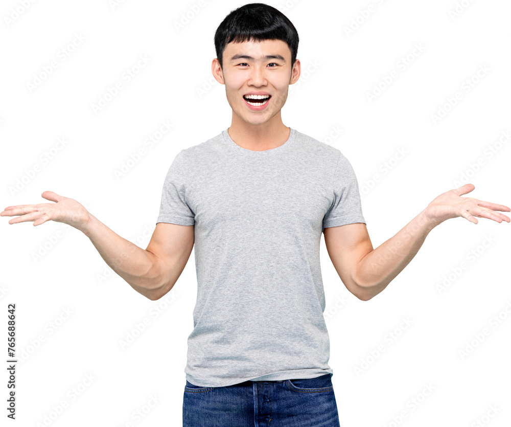 Smiling Asian man in casual wear with opening hands PNG file no background Smiling Asian man in casual wear with opening hands PNG file no background