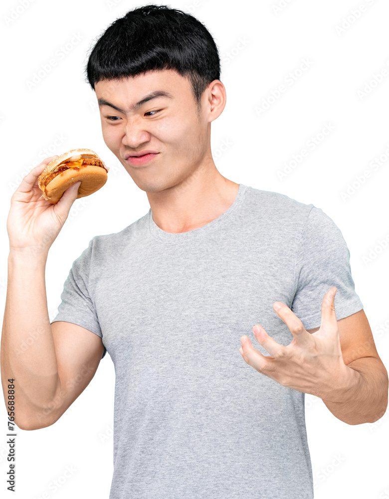 Angry Asian man looking at burger PNG file no background Angry Asian man looking at burger PNG file no background
