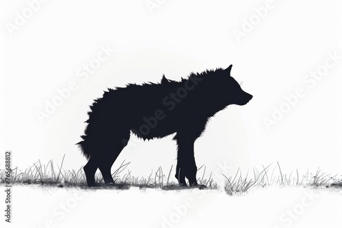 minimalist illustration, sleek hyena silhouetted, stark white background