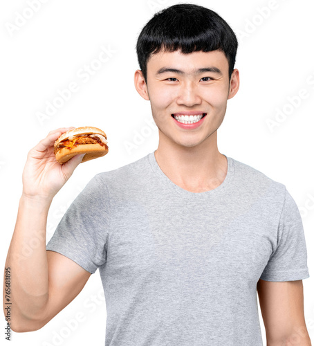 Smiling Asian man with burger PNG file no background 