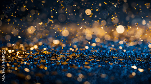 Golden Glitter Confetti Explosion on Navy Blue Background