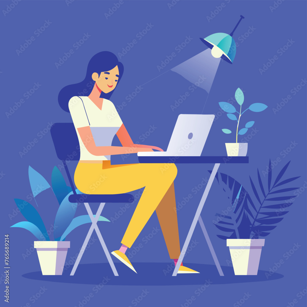 Women working  at desk - A women working at desk in the modern environment. Flat design vector illustration with beautiful background
