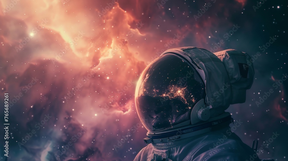 A lone astronaut gazes out of their helmet visor at a breathtaking nebula, their expression a mix of wonder and isolation. (cinematic, wide shot) - obrazy, fototapety, plakaty 