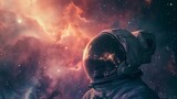 A lone astronaut gazes out of their helmet visor at a breathtaking nebula, their expression a mix of wonder and isolation. (cinematic, wide shot)