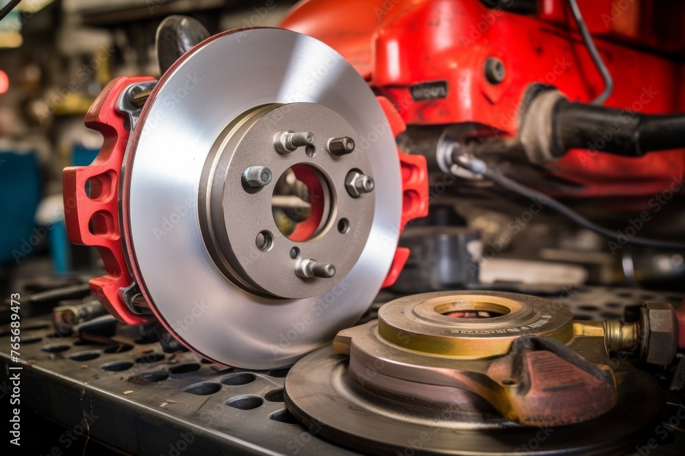 In-depth look at a drum brake lining assembly in a busy auto repair shop