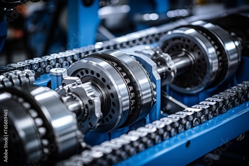 In-depth look at a machine belt mechanism amidst the backdrop of a modern industrial factory