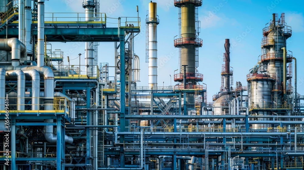 A picture of equipment and pipelines in an oil refinery against a clear sky backdrop, showcasing an