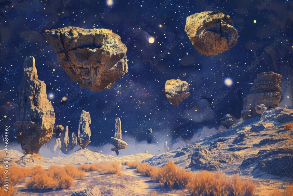Surreal desert scene with floating rock formations and a starry night ...