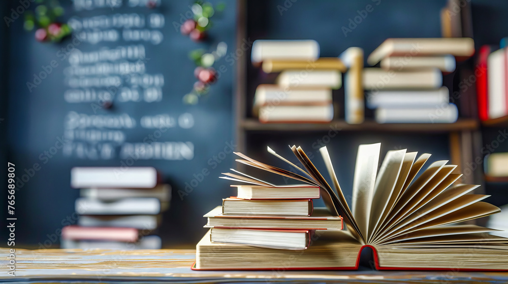 Obraz premium The realm of education and literature, depicted through stacks of books and the ambiance of academic pursuit in a traditional setting