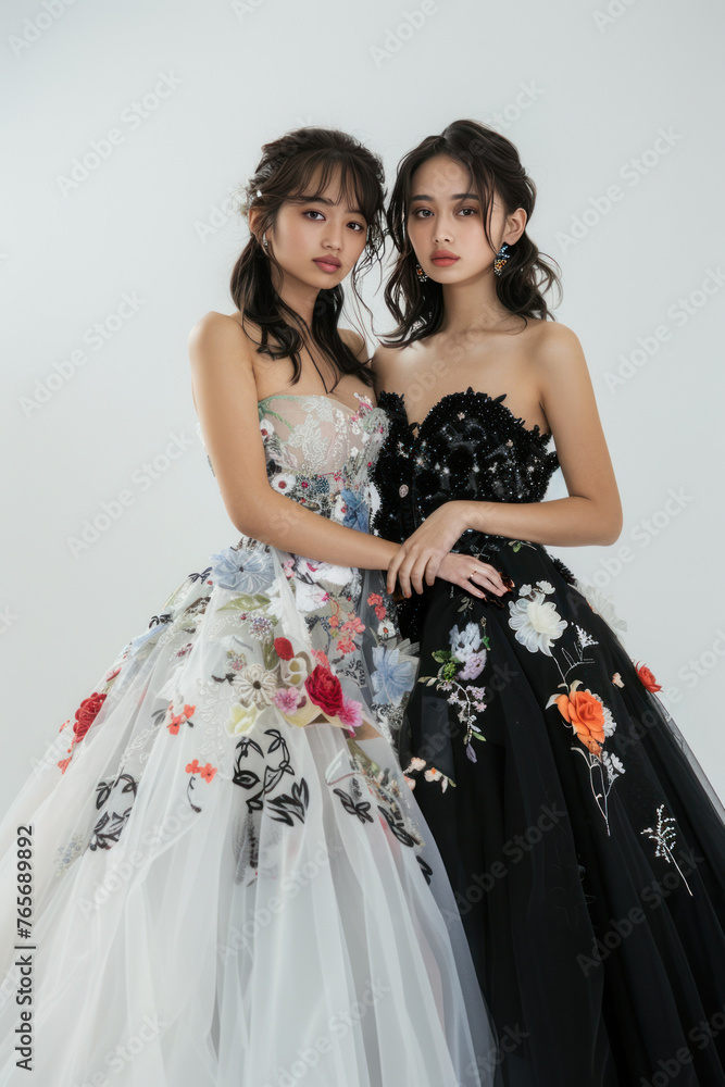 Pretty young women super models of Japanese ethnicity donning a glamorous and ethereal ball gown with a strapless bodice, voluminous tulle skirt, and delicate floral