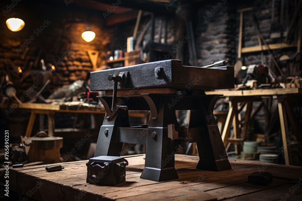 A classic blacksmith's anvil in the heart of a dimly lit workshop filled with various hand tools and brick wall background A classic blacksmith's anvil in the heart of a dimly lit workshop filled with various hand tools and brick wall background
