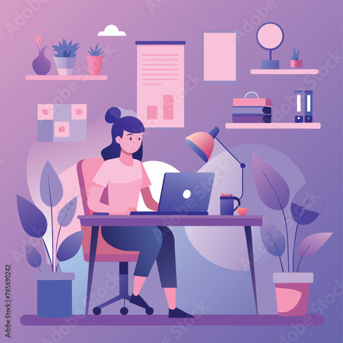 Women working at desk - A women working at desk in the modern environment. Flat design vector illustration with beautiful background 