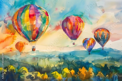 Vibrant Watercolor Painting of a Colorful Hot Air Balloon Festival in a Scenic Landscape