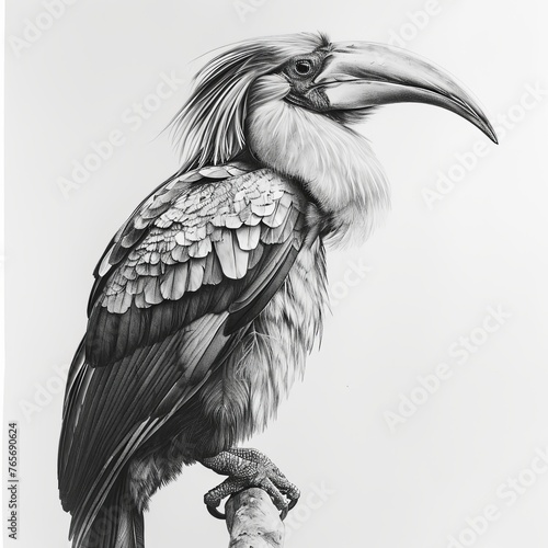 Pencil Sketch of an African Grey Hornbill Birdon a White Background photo