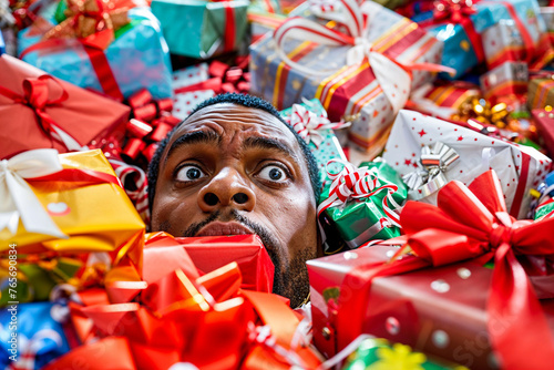 Man immersed in Christmas presents, holiday shopping stress, Christmas season, buying gifts, store sale