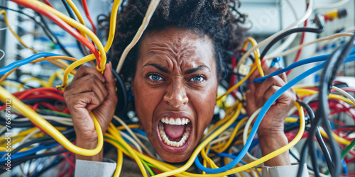 Stressed woman entangled in wires and cables, technology, cord cutting, computer, TV, electronic devices © Sunshower Shots