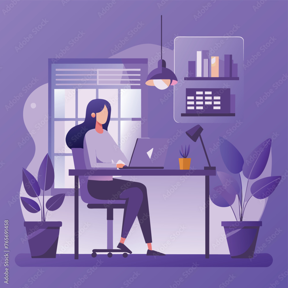 Women working at desk - A women working at desk in the modern office . Flat design vector illustration with beautiful background Women working at desk - A women working at desk in the modern office . Flat design vector illustration with beautiful background