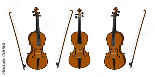 Violin with bow vector set. side view and front view. vector illustration isolated on white background.