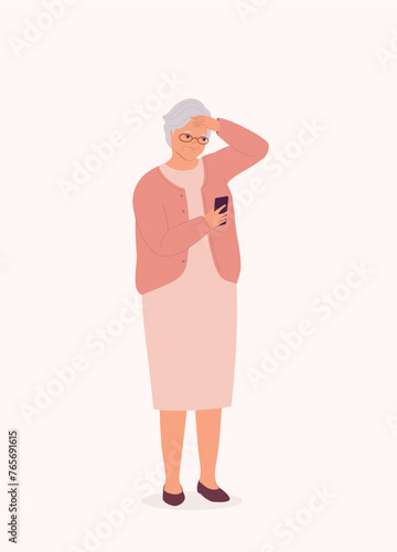 One Elderly Woman Looking At Her Cellphone With Worried Face And Hand On Forehead. Full Length.