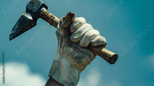 Hand holding garden trowel on coloured background,a man hammers nails with a hammer against the blue sky. repairs the roof of a wooden house. the man is wearing a gold ring. holds a hammer, carries