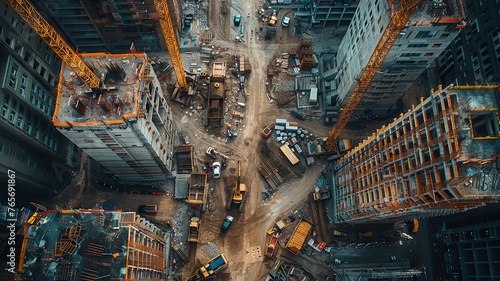 Drone flying over a bustling urban construction site photo