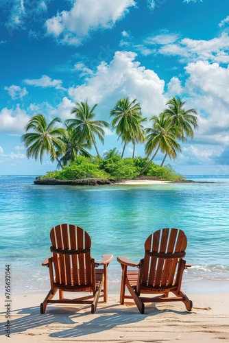 Chairs on a tropical beach with palm trees on a coral island. Relaxing under a palm tree on remote beach. Mockup. Remote beach relaxation spot