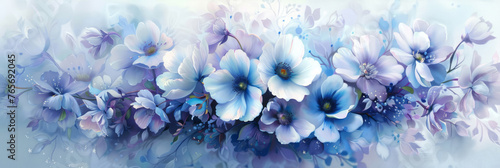 Blue flowers are the subject of artwork, featuring marine-inspired elements, colorful gradients, and hues of light violet and azure. photo