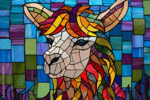 friendly alpaca portrayed in colorful stained glass, Vibrant Stained Glass Style, cute, detailed