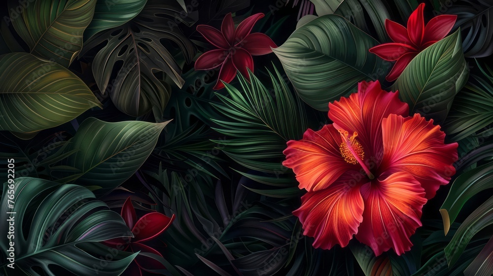 custom made wallpaper toronto digitalA tropic flower in red and orange, with dark violet and emerald hues, dreamlike installations, and detailed portraits.