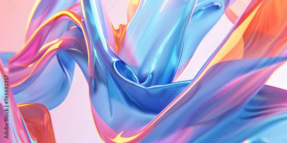 A swirling blue pattern decorates a blue and pink background, with bold lines, vivid colors, and three-dimensional effects.