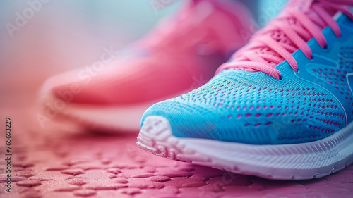 Bright running shoes on contrasting pink and blue