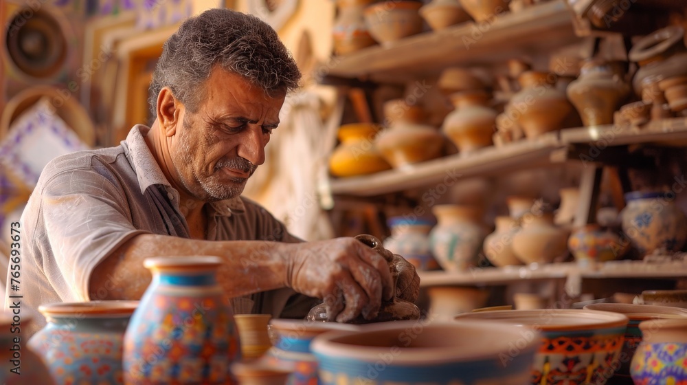 A Middle Eastern man with a prosthetic arm works meticulously in his pottery studio. The studio is filled with vibrant ceramics and the warm glow of a kiln. A Middle Eastern man with a prosthetic arm works meticulously in his pottery studio. The studio is filled with vibrant ceramics and the warm glow of a kiln.