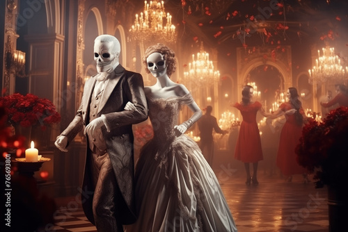 Masquerade Ball Elegance: Ghostly Couple Dancing in a Grand Hal